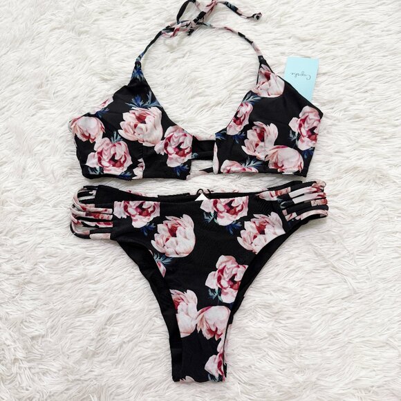 Women CUPSHE Floral Print Shoulder Straps Bikini Beach Set in Black Size Medium - Picture 1 of 8